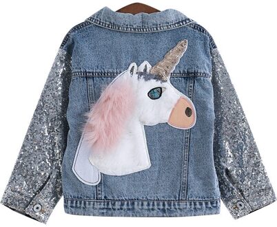 Lente Denim Jassen Meisjes Kleding Cartoon Eenhoorn Denim Jas Kids Sequin Cowboy Jas Tieners Meisjes Bovenkleding Chlidren Kleding Blauw / 6
