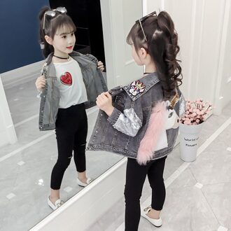 Lente Denim Jassen Meisjes Kleding Cartoon Eenhoorn Denim Jas Kids Sequin Cowboy Jas Tieners Meisjes Bovenkleding Chlidren Kleding Grijs / 4T