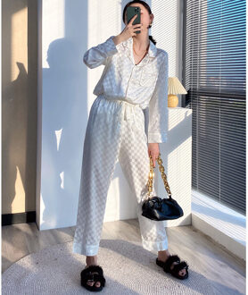 Lente En Herfst Ijs Zijde Pyjama Ins Zwart Wit Zijde Thuis Kleding Kan Dragen Buiten, mode Pyjama Set Vrouwen wit / Xl