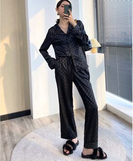 Lente En Herfst Ijs Zijde Pyjama Ins Zwart Wit Zijde Thuis Kleding Kan Dragen Buiten, mode Pyjama Set Vrouwen zwart / L