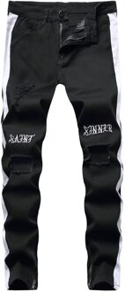 Lente En Herfst Mannen Gescheurde Jeans Europese En Amerikaanse Voet Rits Jeans Side Wit Strips Stiksels