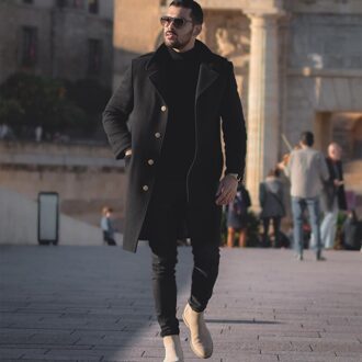 Lente En Herfst Mannen Mid-Lengte Casual Jas Losse Windjack Revers Single-Breasted Effen Kleur Zwart jas