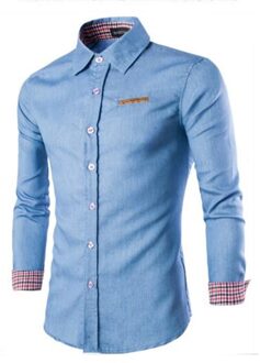 Lente En Herfst Mode Mannen Toevallige Lange Mouwen Denim Shirt/Mannelijke Innerlijke Plaid Cowboy Blouses qian lan se / 3XL for 74 to 79 kg