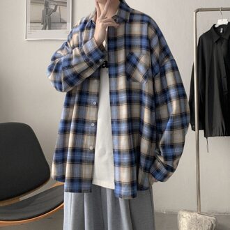 Lente En Herfst Plaid Shirt Mannen Retro Casual Shirt Mannen Streetwear Koreaanse Losse Lange Mouwen Shirts Heren m-XL blauw / M