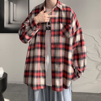 Lente En Herfst Plaid Shirt Mannen Retro Casual Shirt Mannen Streetwear Koreaanse Losse Lange Mouwen Shirts Heren m-XL rood / M