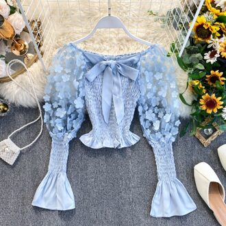 Lente En Zomer Meisje Palace Stijl Blouse Super Fee Zoete Drie-Dimensionale Mesh Een Schouder Bladerdeeg Mouw korte Shirt lucht blauw