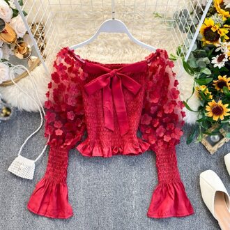 Lente En Zomer Meisje Palace Stijl Blouse Super Fee Zoete Drie-Dimensionale Mesh Een Schouder Bladerdeeg Mouw korte Shirt Rood