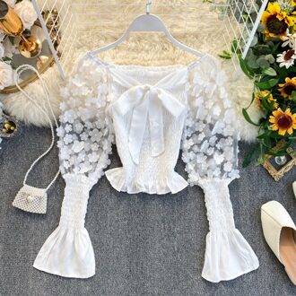 Lente En Zomer Meisje Palace Stijl Blouse Super Fee Zoete Drie-Dimensionale Mesh Een Schouder Bladerdeeg Mouw korte Shirt wit