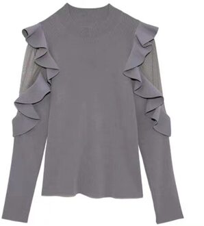 Lente En Zomer Product Zoete Lotusblad Flying Mouwen Tule Stiksels Gebreide Dieptepunt Shirt Blouse Grijs