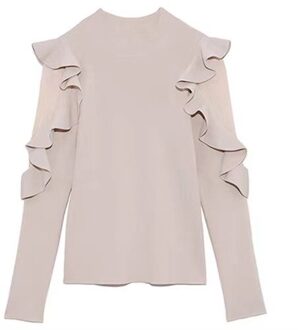 Lente En Zomer Product Zoete Lotusblad Flying Mouwen Tule Stiksels Gebreide Dieptepunt Shirt Blouse Ivoor