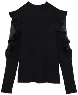 Lente En Zomer Product Zoete Lotusblad Flying Mouwen Tule Stiksels Gebreide Dieptepunt Shirt Blouse zwart