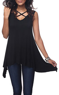 lente en zomer vrouwen front borst kruis V-hals mouwloze losse onregelmatige vest T-shirt kleding kleding Zwart / XL