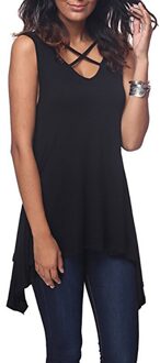 lente en zomer vrouwen front borst kruis V-hals mouwloze losse onregelmatige vest T-shirt kleding kleding zwart- / XL