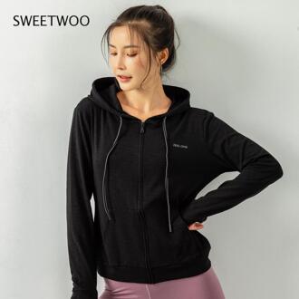 Lente En Zomer Vrouwen Sport Trui Stretch Rits Running Gym Capuchon Lange Mouwen Top L / zwart
