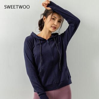 Lente En Zomer Vrouwen Sport Trui Stretch Rits Running Gym Capuchon Lange Mouwen Top S / Blauw