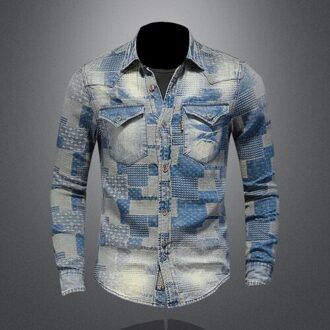 Lente Herfst Artistieke Stijl Persoonlijkheid Patch Denim Shirt Casual Slim Fit Heren Kleding 61068 Xxxl