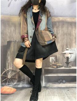 Lente Herfst Arts Stijl Vrouwen Lange Mouw Losse Vintage Blazers Dubbele Pocket Katoenen Denim Patchwork Blazer Femme Jas M179 bruin / L