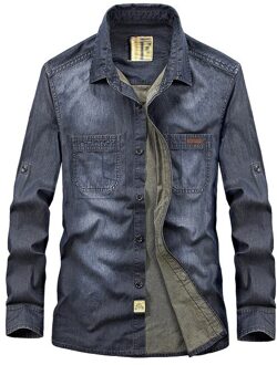 Lente Herfst Casual Heren Volledige Mouw 100% Katoenen Shirt, Mannelijke Blouse, 3XL Gebleekte Denim Shirts Voor Man, mannen Vest Blouse donker blauw / Xxl