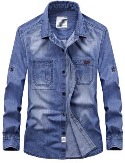 Lente Herfst Casual Heren Volledige Mouw 100% Katoenen Shirt, Mannelijke Blouse, 3XL Gebleekte Denim Shirts Voor Man, mannen Vest Blouse licht blauw / Xl