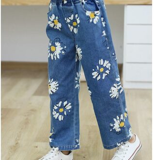 Lente Herfst Kids Meisjes Jeans Bloemenprint Jeans Wijde Pijpen Broek Meisjes Mode Meisjes Broek Kinderen Casual Meisjes Kleding 140