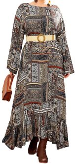 Lente Herfst Retro Printing Viantge Jurk Vrouwen Lange Mouwen Ruches Jurk Losse Oversized Plus Size Vrouwen Kleding Xxxl