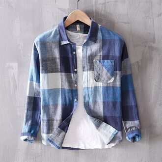 Lente Linnen Plaid Shirt Mannen Brand Blauw Shirts Voor Mannen Casual Comfortabele Shirt Heren Lange Mouwen mannelijke blauw / XL (aziatisch size)