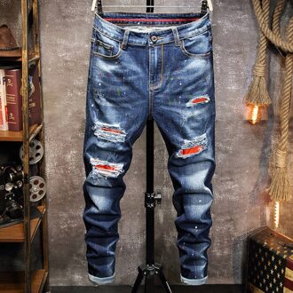 Lente Mannen Blue Ripped Jeans Kleur Splash Inkt Denim Broek Motorfiets Punk Rood Patchwork Jeans Streetwear 38