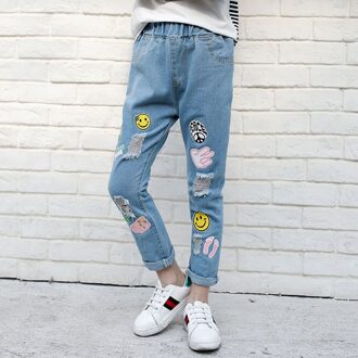Lente Mode Meisjes Ripped Midden Taille Blauwe Kleur Cartoon Jeans Kindje Broek Katoen Denim Lange Broek 4