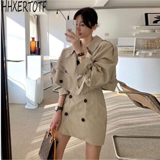 Lente Mode Vrouwen Twee Stuk Sets Windjack + Double Breasted Hippe Rok Pak