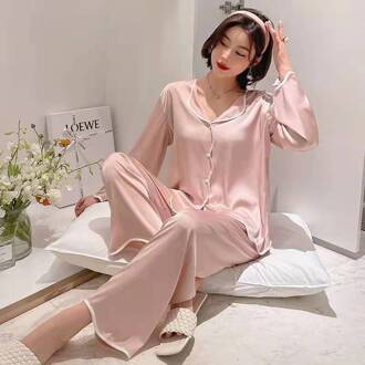 Lente Ruffle Side Zijde Effen Vrouwen Pyjama Lange Mouw Vest Losse Button-Down Elastische Thuis Wear Mode Vrije Tijd pak Roze / L