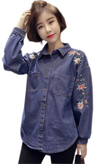 Lente Vrouwen Denim Shirts Vintage Borduurwerk Lange Mouw Losse Cowboy Tops Vrouwelijke Toevallige Denim Tops Shirts RE0366 donker blauw