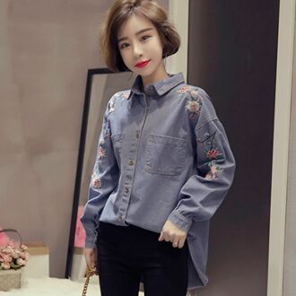Lente Vrouwen Denim Shirts Vintage Borduurwerk Lange Mouw Losse Cowboy Tops Vrouwelijke Toevallige Denim Tops Shirts RE0366 licht blauw