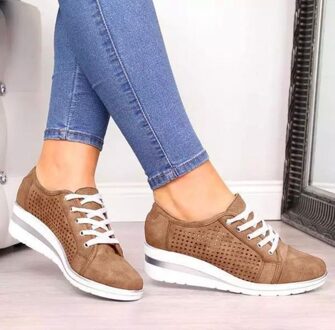 Lente Vrouwen Wig Schoenen Casual Hollow Ademend Canvas Platform Zomer Sneakers Mode Mesh Puntschoen Slip-On Schoenen Dames bruin / 36