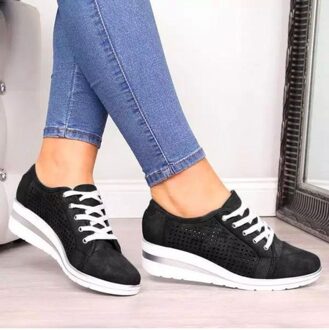 Lente Vrouwen Wig Schoenen Casual Hollow Ademend Canvas Platform Zomer Sneakers Mode Mesh Puntschoen Slip-On Schoenen Dames zwart / 35