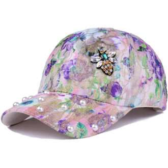Lente Zomer Baseball Cap Vrouwen Glas Boor Bee Snapback Hoed Cap Voor Meisjes Casquette Gorras Bloemen Parel Bot Hiphop Cap paars