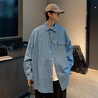 Lente Zomer Gedrukt Denim Shirt Mannen Koreaanse Mode Losse Casual Shirt Mannen Harajuku Streetwear Bloem Lange Mouwen mannen blauw / L