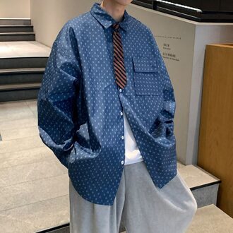 Lente Zomer Gedrukt Denim Shirt Mannen Koreaanse Mode Losse Casual Shirt Mannen Harajuku Streetwear Bloem Lange Mouwen mannen marine blauw / XXL