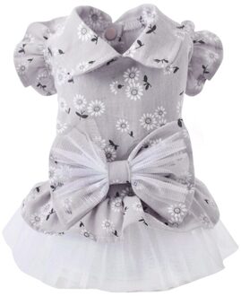 Lente Zomer Huisdier Katoenen Kleding Voor Hond Meisjes Jurk Met Strik Zonnebloem Patroon Gedrukt Korte Mouwen Jurk Rok Grijs / XL