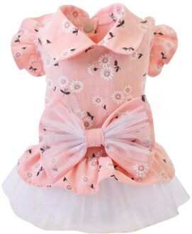 Lente Zomer Huisdier Katoenen Kleding Voor Hond Meisjes Jurk Met Strik Zonnebloem Patroon Gedrukt Korte Mouwen Jurk Rok Roze / S