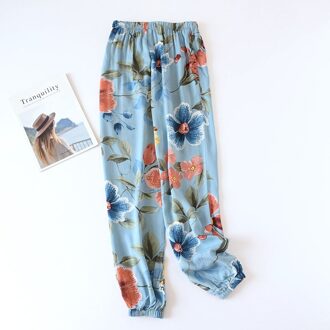 Lente Zomer Katoenen Pyjamabroek Vrouwen Losse En Dunne Cut-Up Bloeiers Herfst Mug Broek Twee Kleuren bloem Slaap Bodems blauw / M