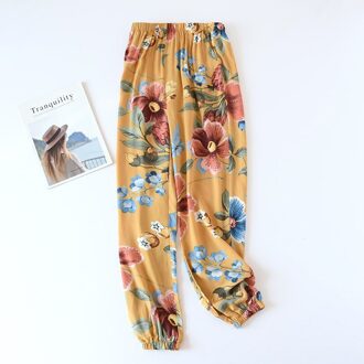 Lente Zomer Katoenen Pyjamabroek Vrouwen Losse En Dunne Cut-Up Bloeiers Herfst Mug Broek Twee Kleuren bloem Slaap Bodems geel / Xl