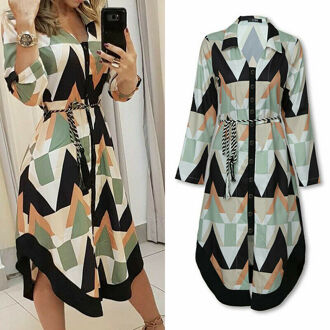 Lente Zomer Lady Cover Up Vrouwen Shirt Jurk Wave Print Lange Mouwen V-hals Casual Losse Midi Jurk Plus size