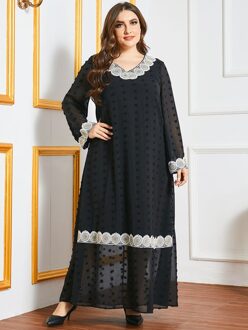 Lente Zomer Lange Mouwen Kant Chiffon Jurk Vrouwen Borduren Abaya Dubai Turkije Islam Moslim Jurk Kaftan Maxi Jurken Xxl