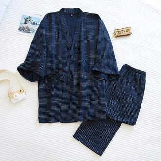 Lente/Zomer Mannen Kimono Pak Jacquard Katoen Japanse Gestreepte Broek Ademend Eenvoudige Twee Stuk Pak Pijamas de Verano donker blauw / M