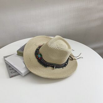 Lente Zomer Vrouwen Stro Jazz Hoeden Met Brede Birm Mannen Vrouwen Straw Vintage Kwastje Hoed Zon Strand kerk Cap Gorros beige