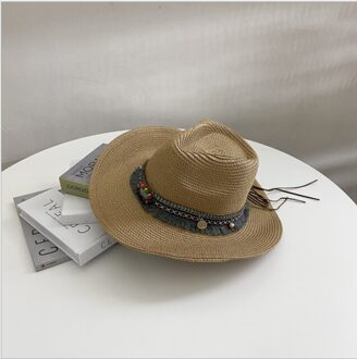 Lente Zomer Vrouwen Stro Jazz Hoeden Met Brede Birm Mannen Vrouwen Straw Vintage Kwastje Hoed Zon Strand kerk Cap Gorros khaki