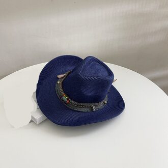 Lente Zomer Vrouwen Stro Jazz Hoeden Met Brede Birm Mannen Vrouwen Straw Vintage Kwastje Hoed Zon Strand kerk Cap Gorros marine blauw
