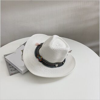 Lente Zomer Vrouwen Stro Jazz Hoeden Met Brede Birm Mannen Vrouwen Straw Vintage Kwastje Hoed Zon Strand kerk Cap Gorros wit