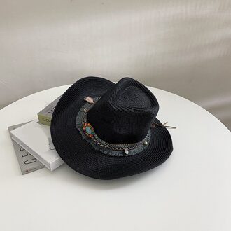 Lente Zomer Vrouwen Stro Jazz Hoeden Met Brede Birm Mannen Vrouwen Straw Vintage Kwastje Hoed Zon Strand kerk Cap Gorros zwart