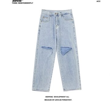 Lente Zomer Wide-Leg Jeans Mannen Mode Toevallige Gescheurde Jeans Mannen Streetwear Losse Hip-Hop Gat Straight denim Broek Heren blauw / M